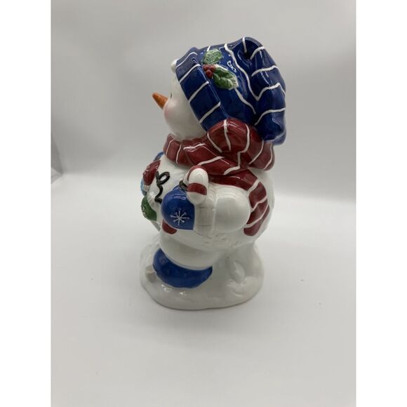 SNOWMAN Blue Willow Hat Candy Swag Peppermint Snowflake Cookie Jar - Picture 2 of 6